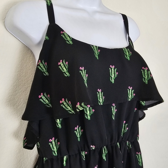 Torrid 0X Cactus Print Ruffle Chiffon Tank Top Black Green Adjustable Straps - Picture 3 of 12